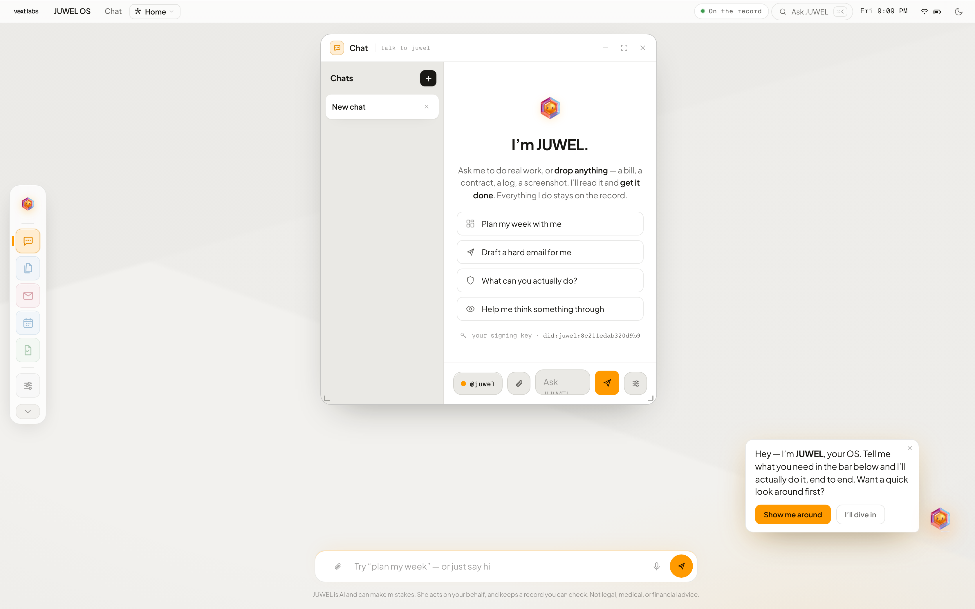 JUWEL OS running in a browser: app rail and windows