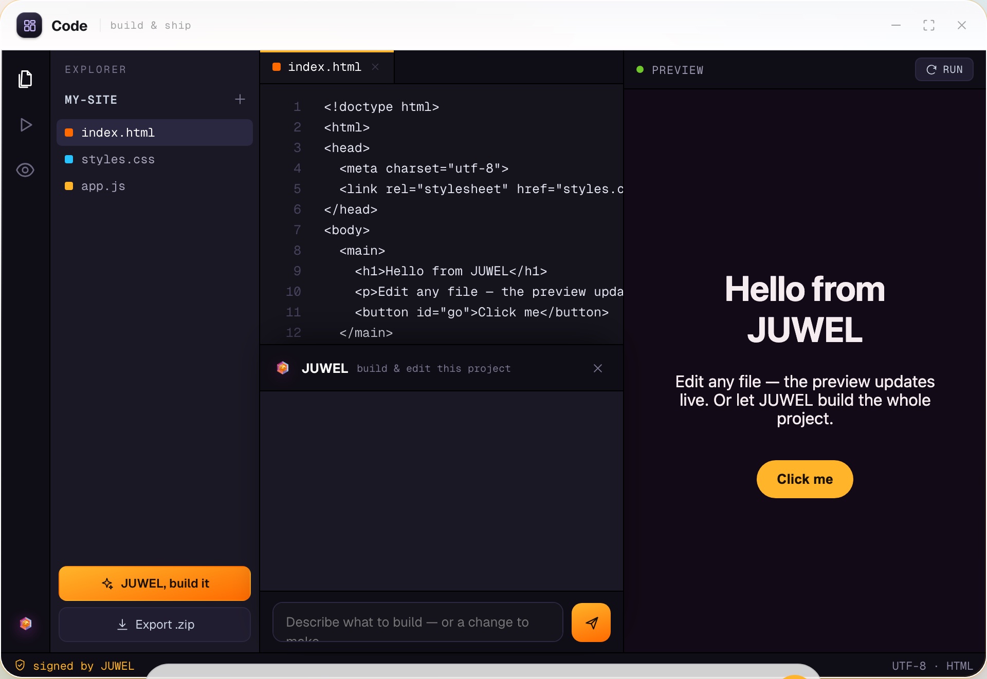 The Code app in JUWEL OS — an IDE with live preview