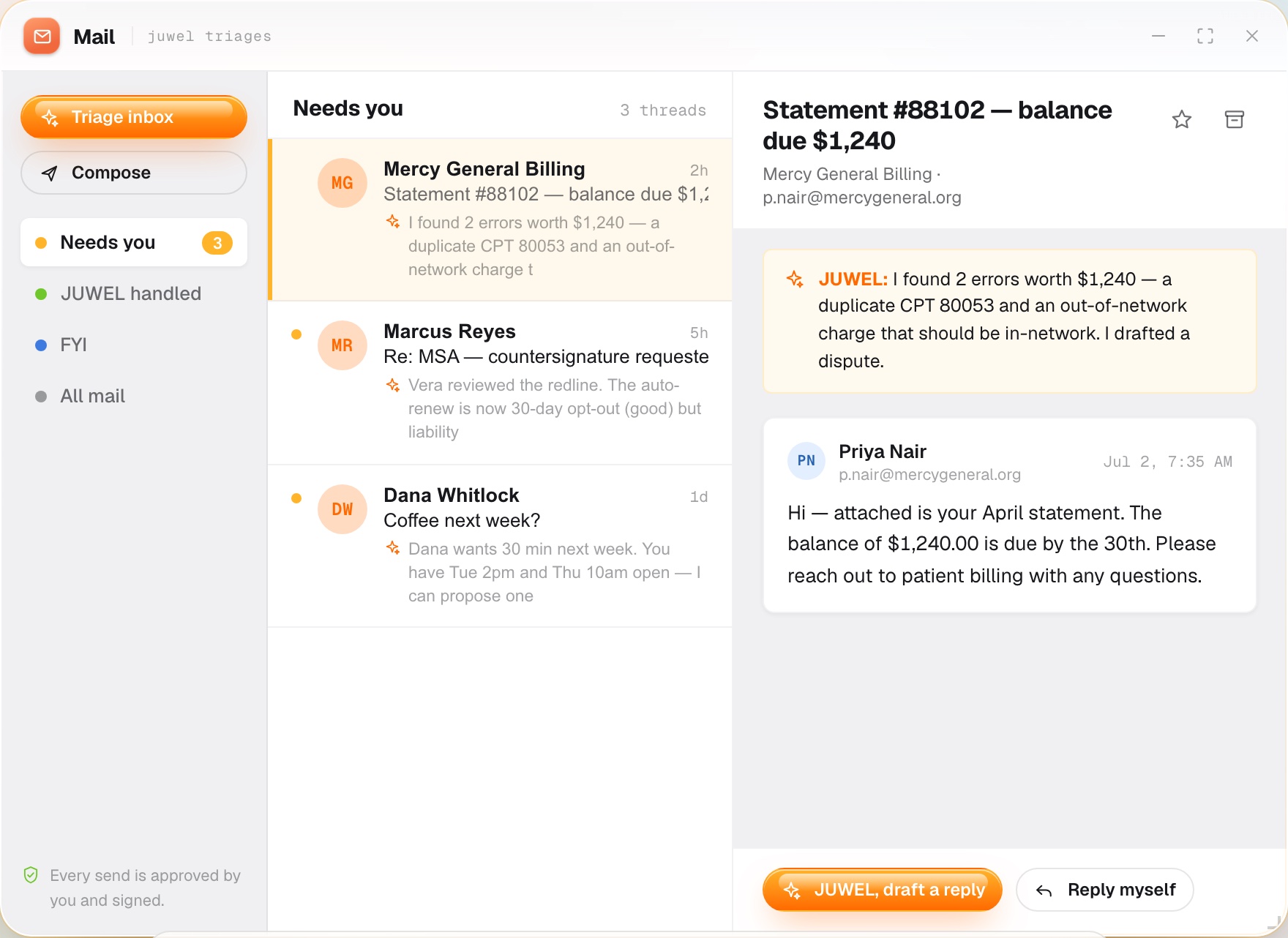 JUWEL OS Mail — an inbox JUWEL has read and triaged, shown running in the browser