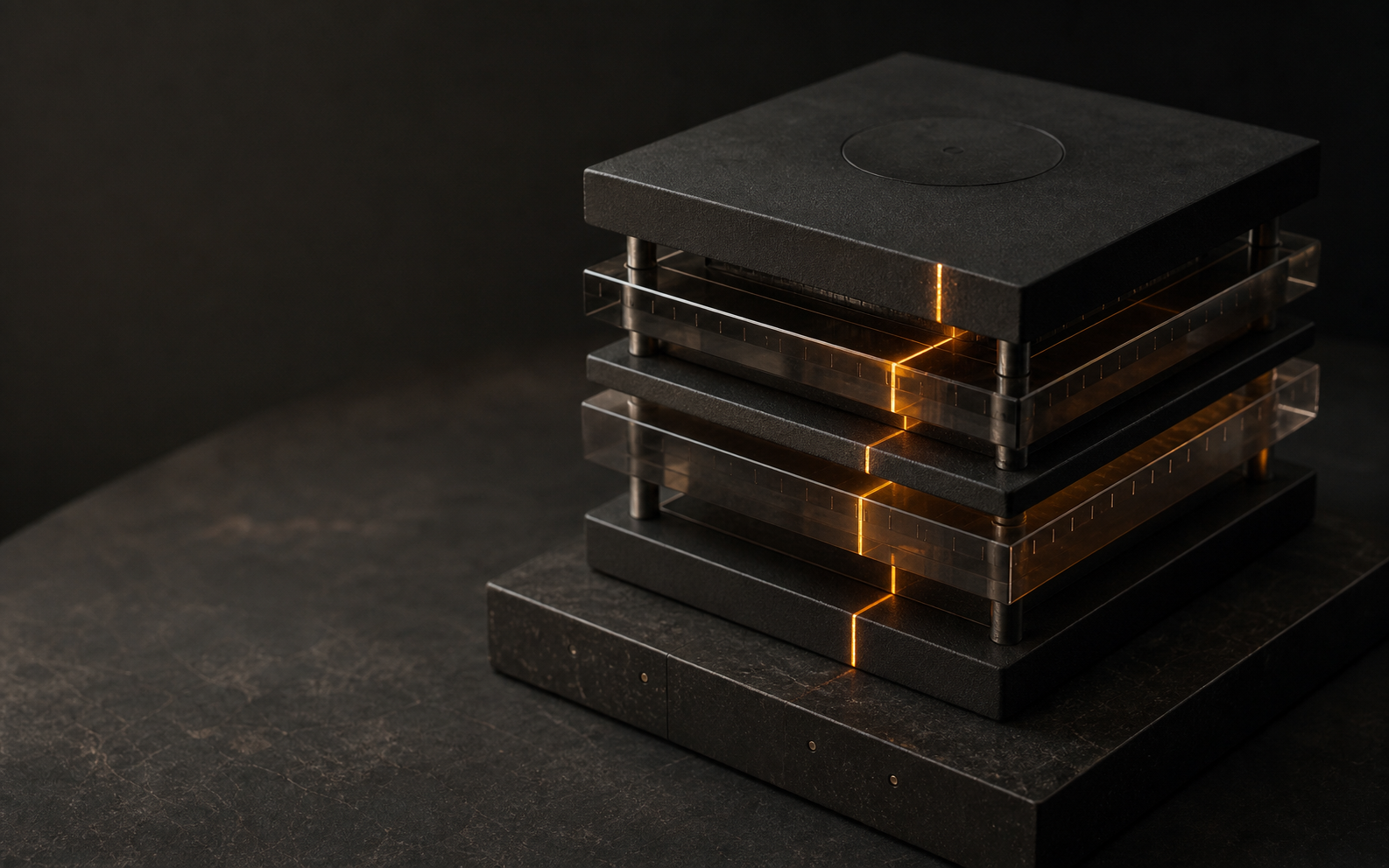 A layered graphite research artifact, its machined seams lit by a single amber trace.