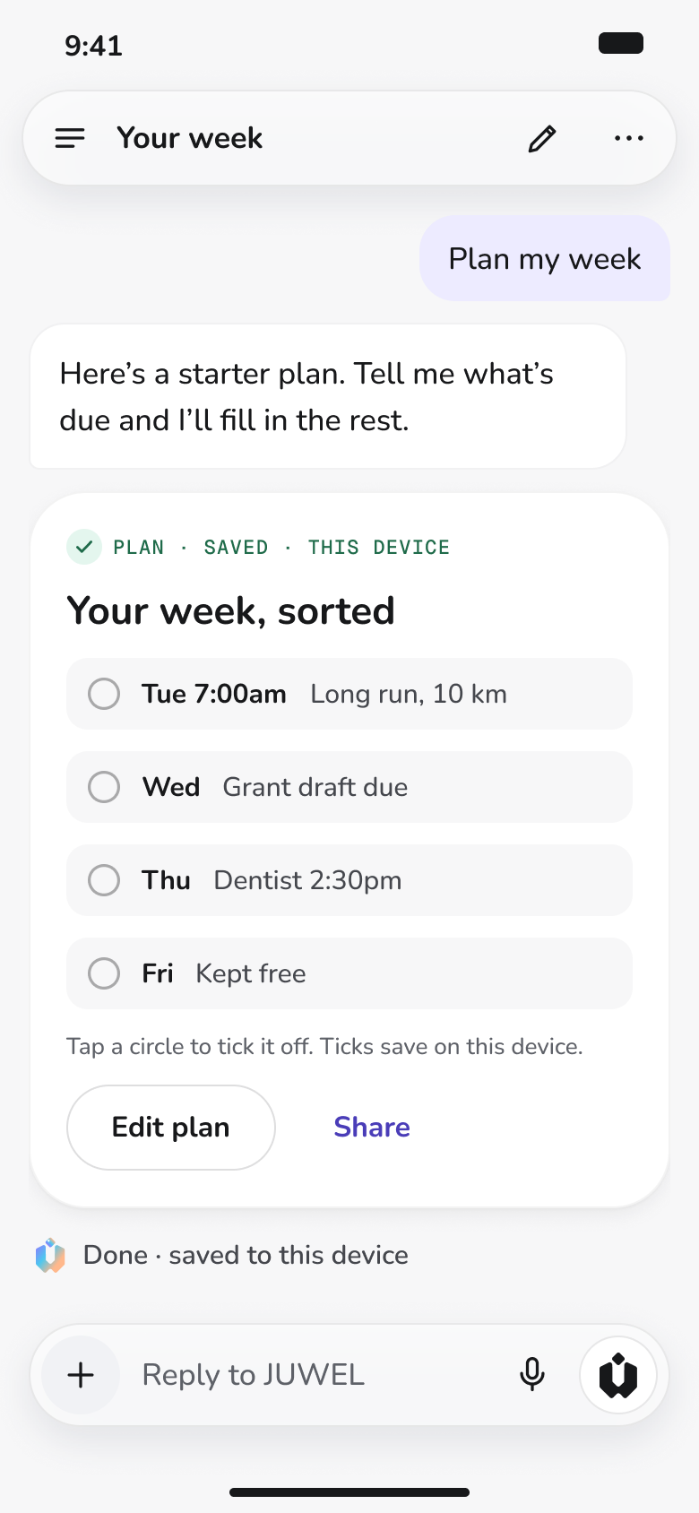 A design of JUWEL on a phone. It shows the first reply when you ask it to plan your week.