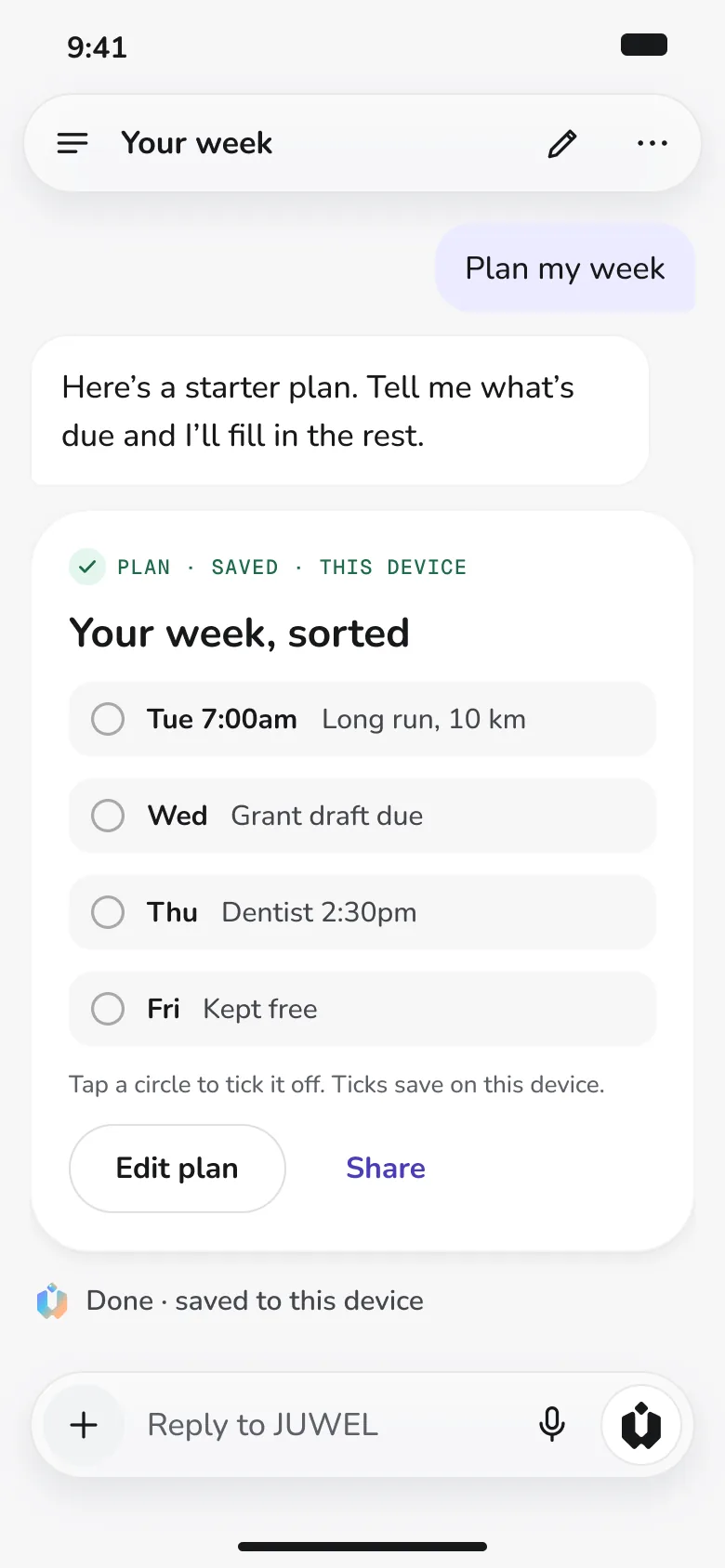 A design of JUWEL on a phone. It shows the first reply when you ask it to plan your week.