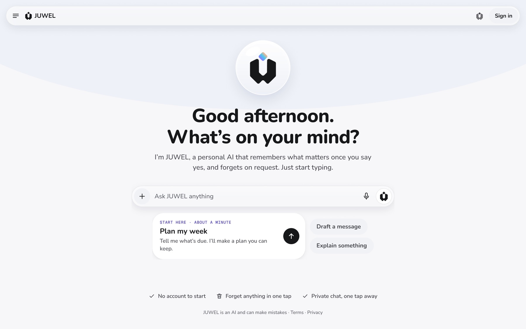 A design of the juwel.ai home screen. It shows a greeting that asks “What’s on your mind?”, a message box, and a starter card called Plan my week.