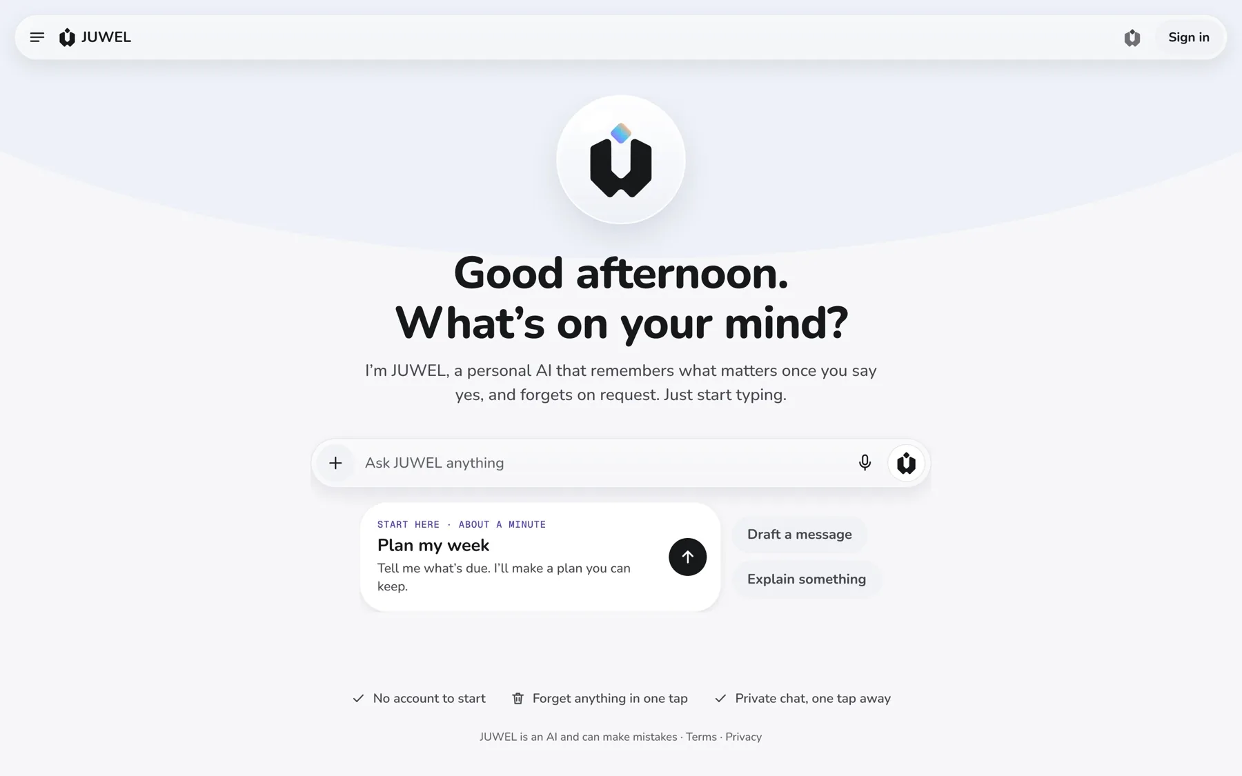 A design of the juwel.ai home screen. It shows a greeting that asks “What’s on your mind?”, a message box, and a starter card called Plan my week.